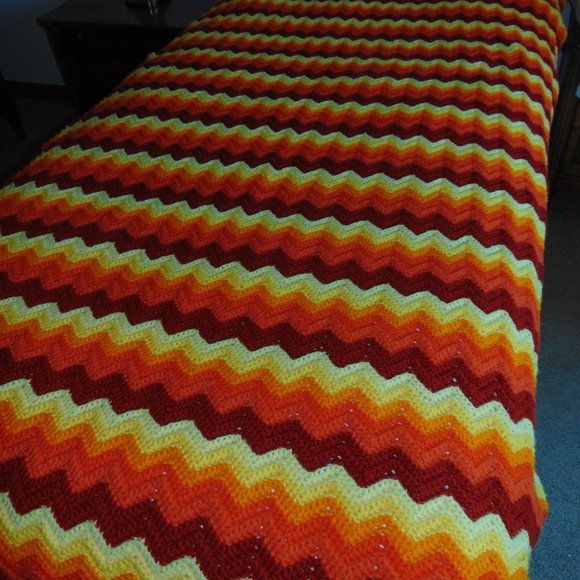 Vintage Crocheted Afghan, Ripple Chevron, Yellow/Orange/Rust, 45 x 84 - Picture 8 of 11